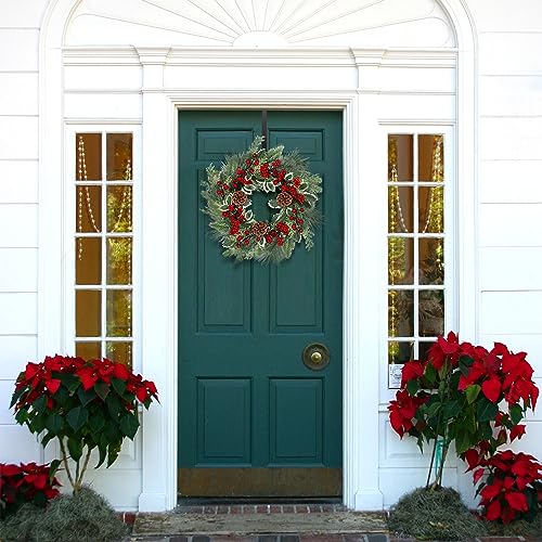 24 Inch Christmas Wreath with Red Ribbon and Pine Cones for Front Door D30392
