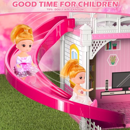 Dolls House 4 Stories 10 Rooms Playset with 2 Princesses Slide for Girls 3-8 Years P507426