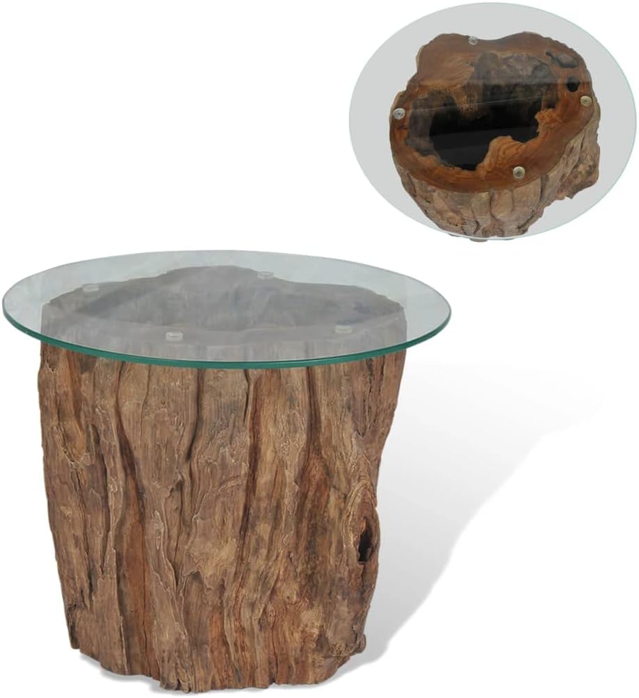 Teak Wood Stump Coffee Table with Tempered Glass Top O26377