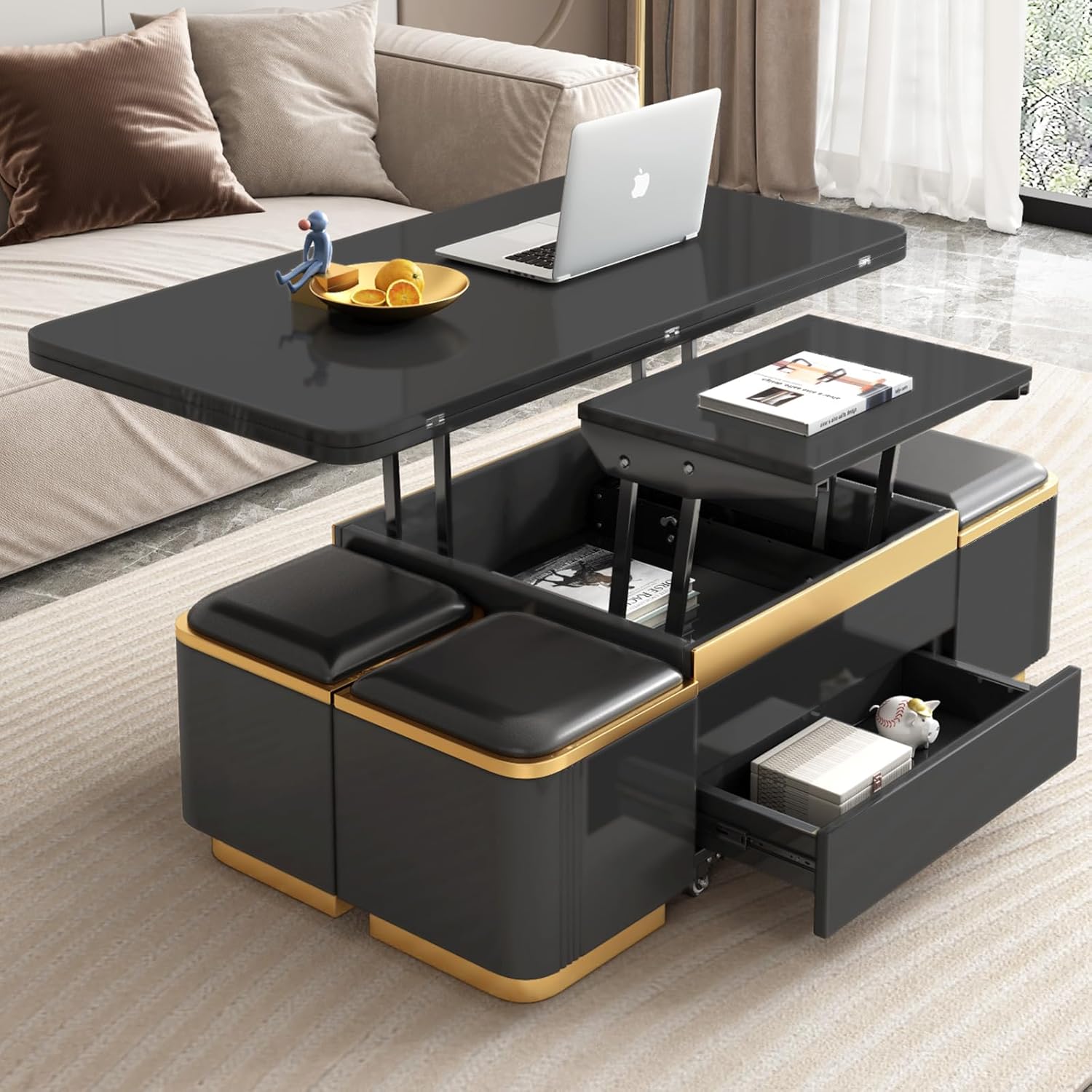 Black Lift Top Coffee Table with 4 Storage Stools, 3 in 1 Multifunctional Storage Coffee Table, Coffee Table with Lift Top, Adjustable Coffee Table Converts to Dining Table for Living Room