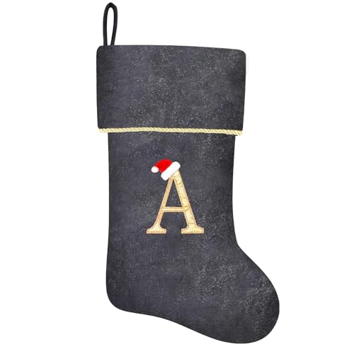 20 Inches Initial Monogram Blue Velvet Christmas Stocking with Gold Trim U394