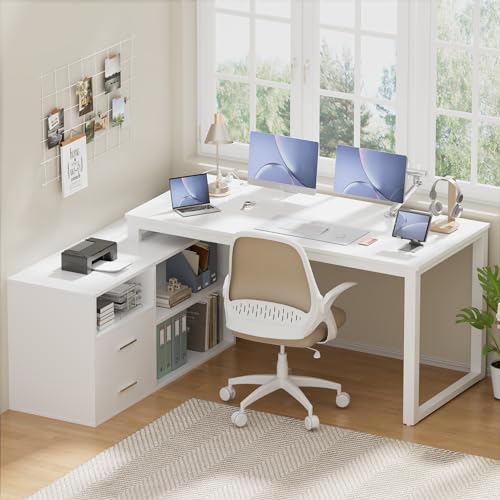 L-Shaped Desk with File Cabinet & Power Outlet, 55 Inch White K40680