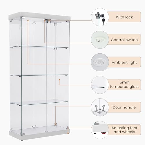 Glass Display Cabinet with LED Lights, Double Doors, Locking, Black U7714
