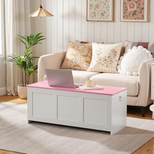 HOOBRO Storage Bench, 39.3" Retro Wooden Chest with Lift Top, White and Walnut C2921