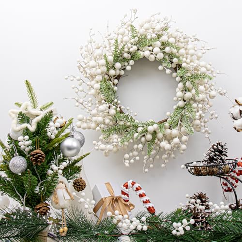 20 Inch White Christmas Wreath with White Berry Fir Pine Needle F528