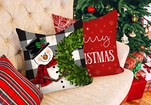 Red Christmas Pillow Covers 18x18 Set of 4 Farmhouse Snowman Santa Tree V263