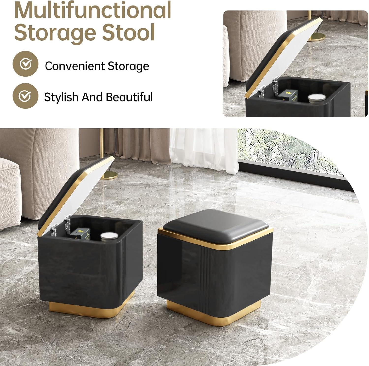 Black Lift Top Coffee Table with 4 Storage Stools T544