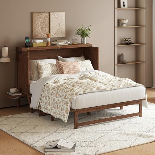 KEIKI Queen Size Murphy Bed with Charging Station and Drawer, Walnut B45816