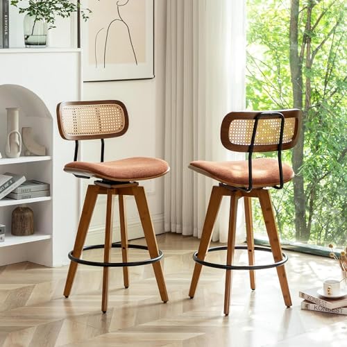 26" Rattan Bar Stools Set of 2, Linen Fabric Swivel Barstools with Wooden Legs B4938