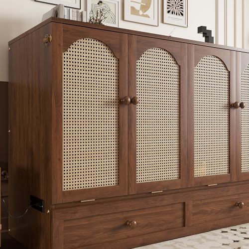 KEIKI Queen Murphy Bed Cabinet with Charging Station & Rattan Design S457376