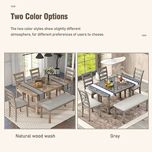 Merax 6-Piece Rubber Wood Dining Table Set with 4 Cushioned Chairs and Bench, Light Gray F5621