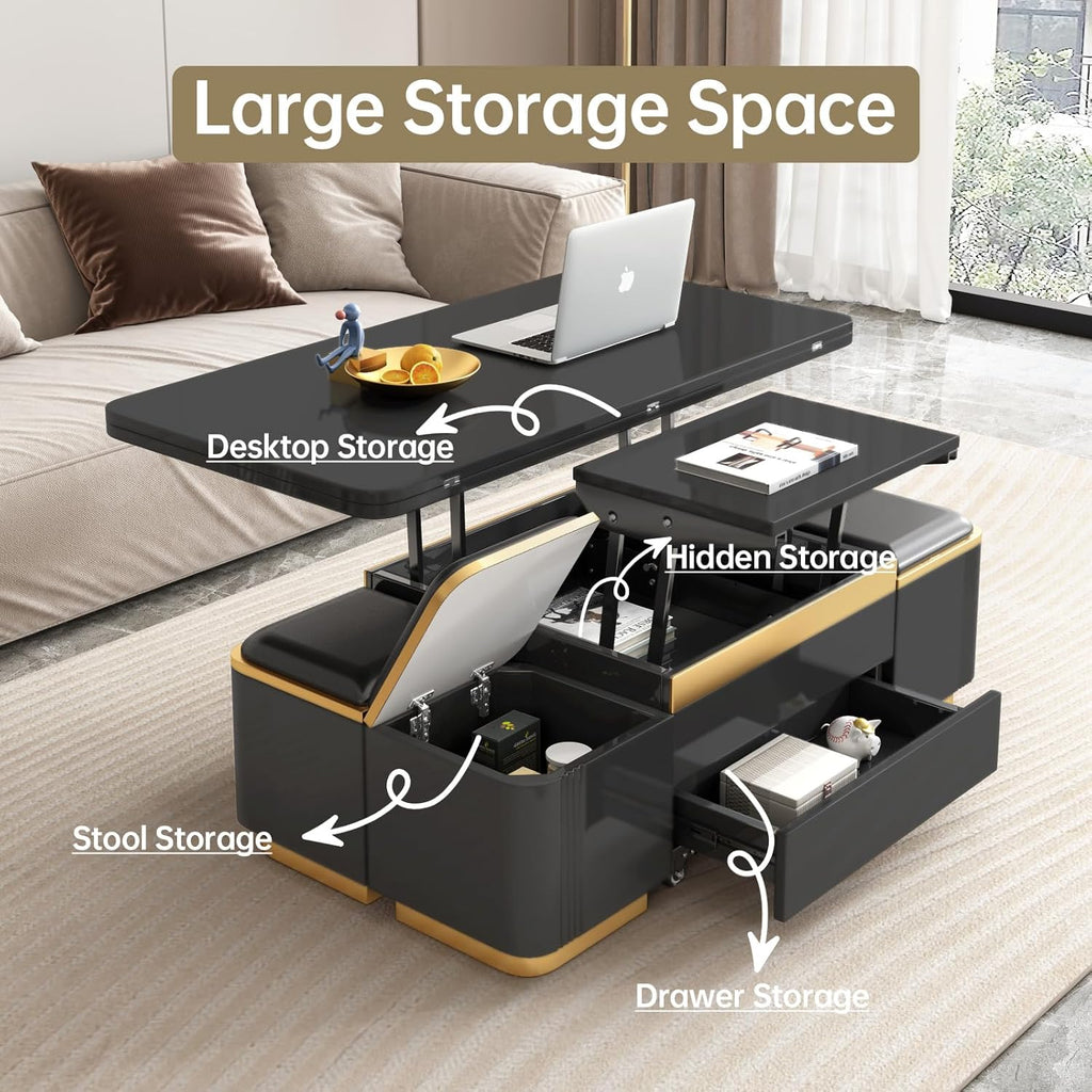 Black Lift Top Coffee Table with 4 Storage Stools T544