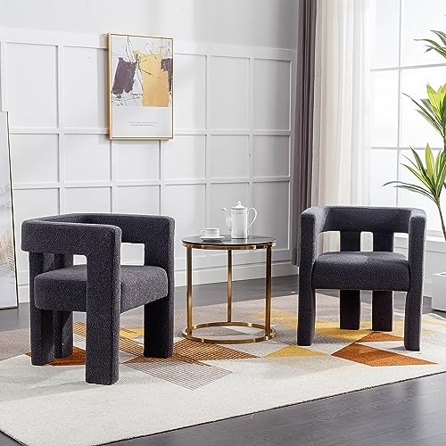 Modern Boucle Dining Chair Set of 4, Sherpa Barrel Accent Chairs Upholstered Armchair, Green W63784