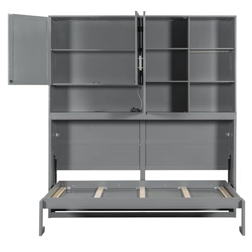SOFTSEA Twin Murphy Bed with Storage Bookcase, LED Light & Charging Stations, Grey G72495