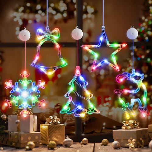 5Pack Christmas Window Lights Decorations with Timer,Battery Powered Christmas Hanging White Lighted Snowflake Shaped LED Sucker for Xmas Tree Fireplace Indoor Decor