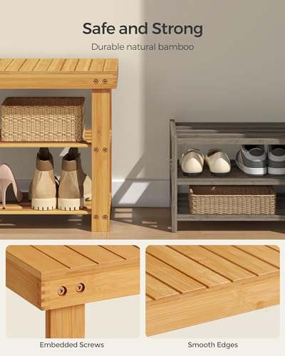 SONGMICS 3-Tier Bamboo Shoe Rack Bench, Entryway Storage, Ink Black X802