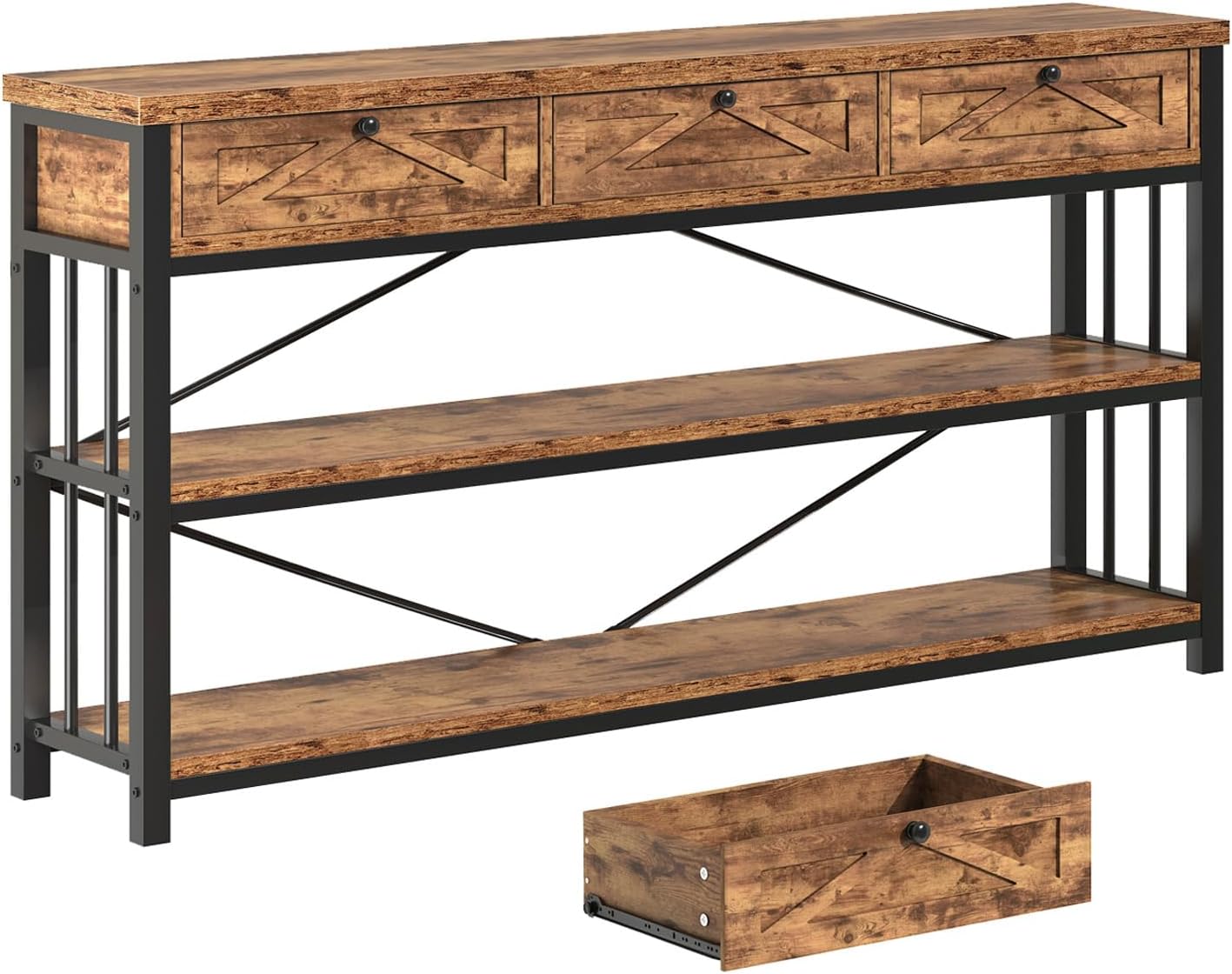 HSH Entryway Console Table with 3 Drawers, Rustic Brown, 55 inch I35530
