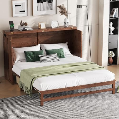 KEIKI Queen Size Murphy Bed with Charging Station and Drawer, Walnut B45816