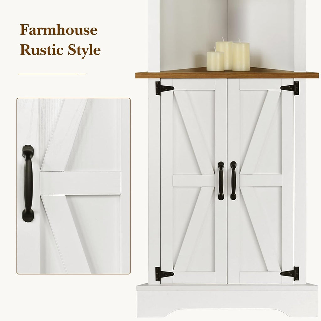 4 EVER WINE Farmhouse Corner Cabinet with 5 Shelves & Barn Doors, White F9155