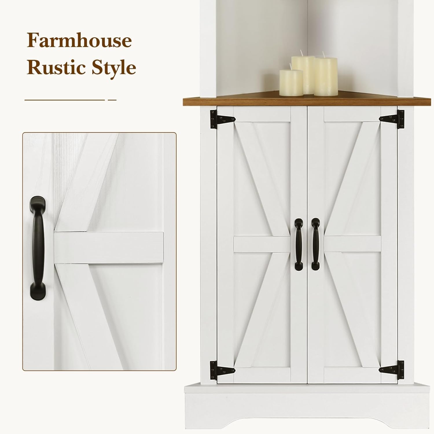 4 EVER WINE Farmhouse Corner Cabinet with 5 Shelves & Barn Doors, White F9155