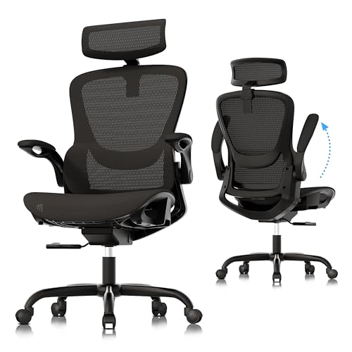 GABRYLLY Ergonomic Mesh Office Chair- White Desk Chair, Flip-Up Armrest, Adjustable Headrest, Tilting with Soft Seat and PU Wheel, Elite Home Desk Chair for Work, Study, Gaming (GY1108)