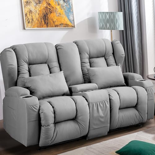 Loveseat Recliner Sofa with Console and Cup Holders, Beige Y4706