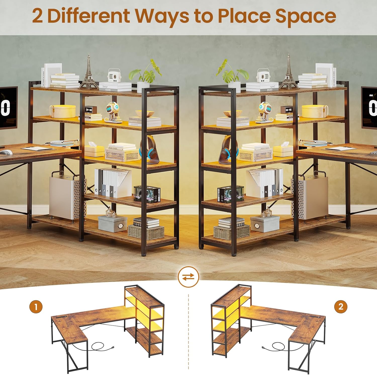 SEDETA L Shaped Computer Desk with Storage Shelves, Power Outlet & LED Light, Rustic Brown D399