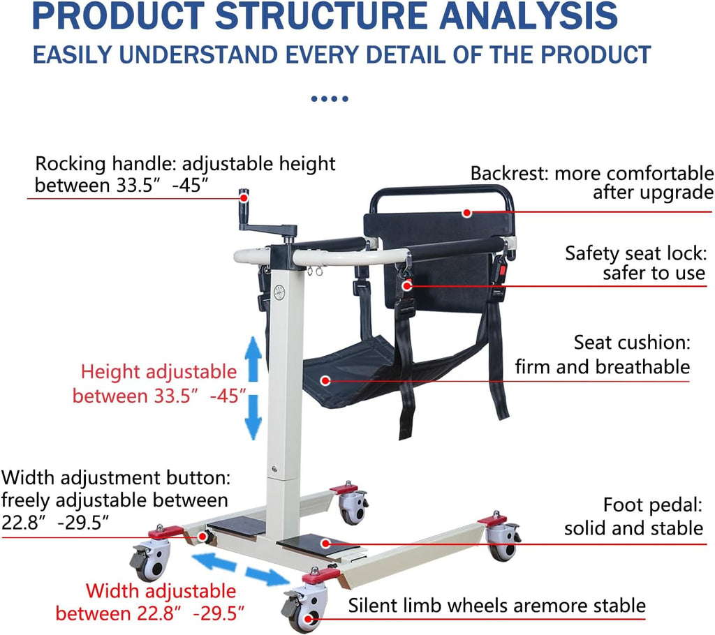 Patient Lift Transfer Chair, Height and Width Adjustable Wheelchair for Elderly and Disabled O77295