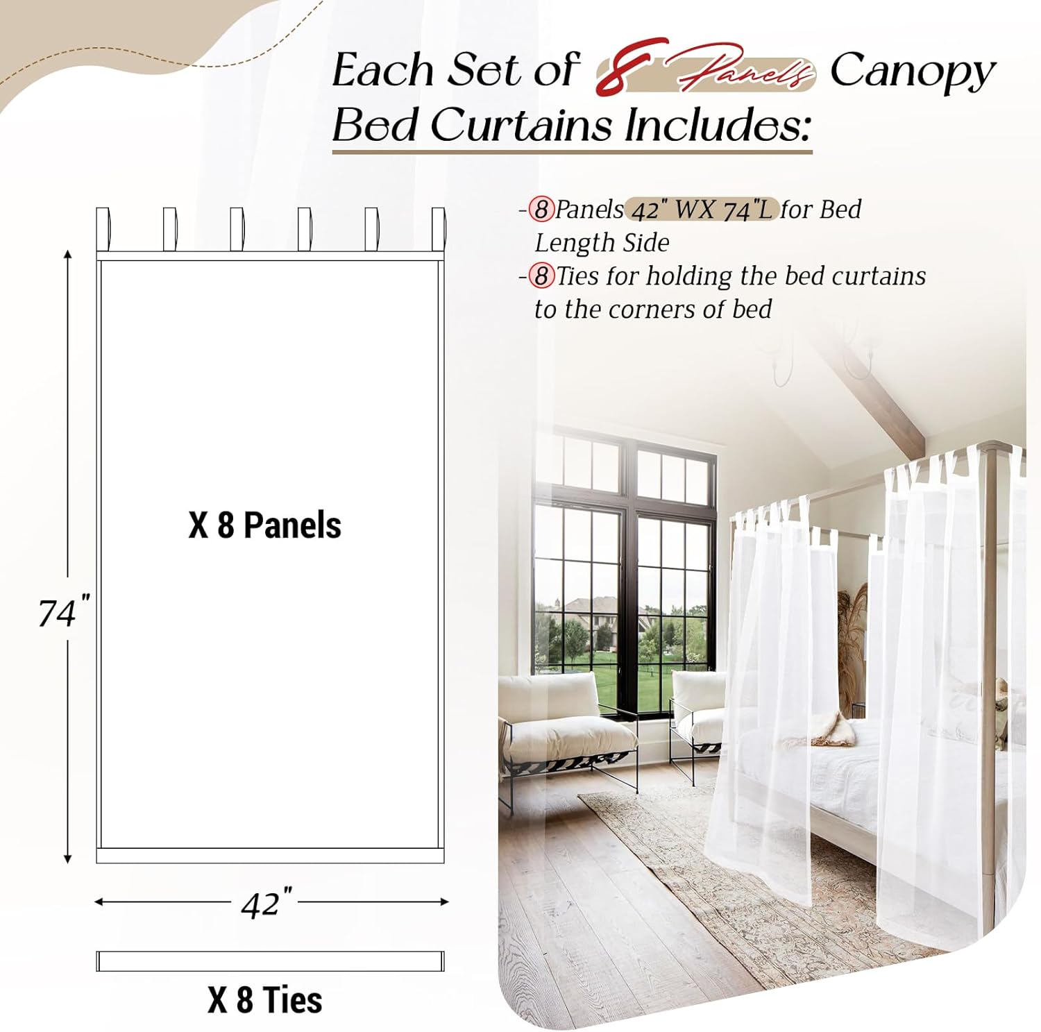 White Canopy Bed Curtains for King Queen Full Twin Bed Frame with Velcro A94372