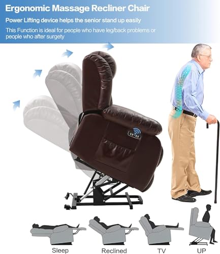 Genuine Leather Electric Power Lift Recliner for Elderly with Massage and Heating (Black) Q651