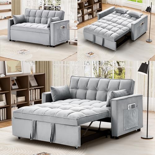 Velvet Convertible Sleeper Sofa Bed with Adjustable Backrest, Dark Grey E67840