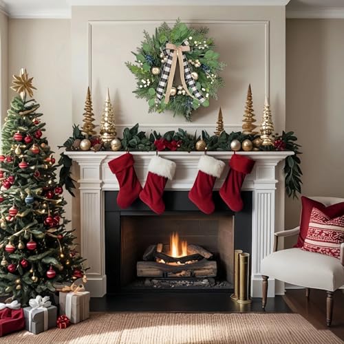 24 Inch Christmas Wreath for Front Door with Storage Bag, Gold Apple & Blue/White Berry, Buffalo Plaid Bow O585