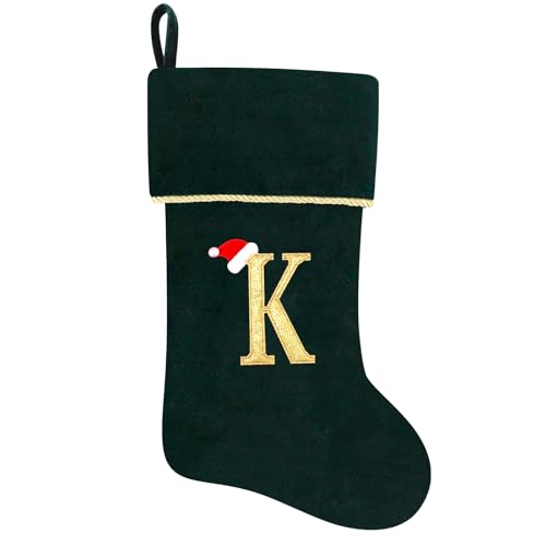 20 Inches Initial Monogram Blue Velvet Christmas Stocking with Gold Trim U394