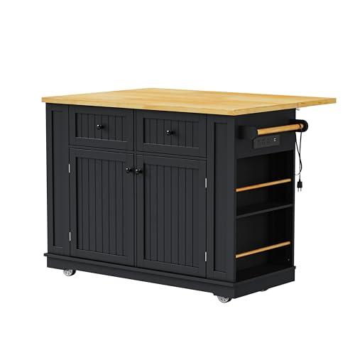 Ball & Cast 48" Kitchen Island with Power Outlet, Rolling Cart, Black H9509