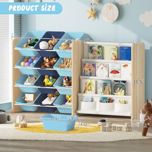 Kids Toy Storage Organizer with Bookshelf, 12 Bin, 4 Shelf, Burlywood E313566