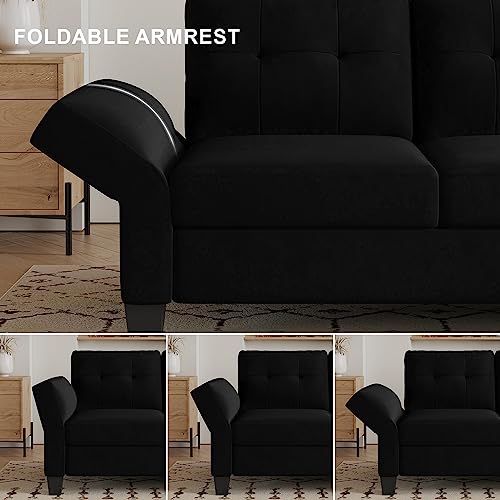 Belffin Velvet Sectional Couch L Shaped Sofa with Chaise, Black O54126