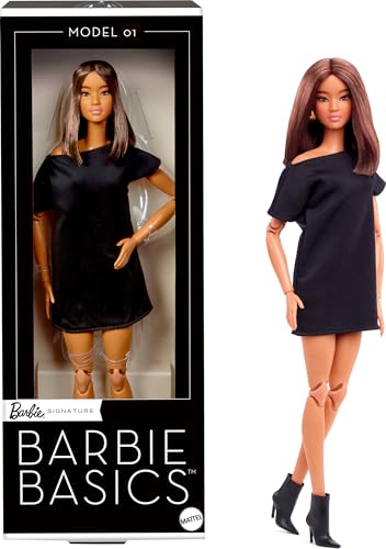 Barbie Basics Model 04 Collector Doll with Red Curly Hair, Black Mini Dress & platform shoes, Universal-fit Fashions, Posable Petite Body & Swappable Doll Head