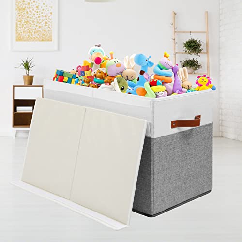 Large Toy Storage Box with Lid and Dividers for Kids, Beige and White X95078