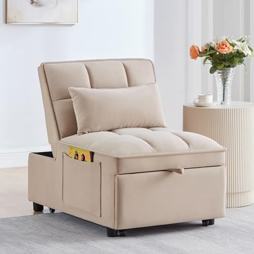 Sleeper Chair Bed 4-in-1 Folding Convertible Sofa with Adjustable Backrest, Velvet, Taupe Z8550
