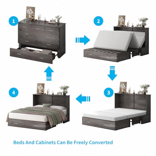 Mjkone Queen Murphy Bed with Tri-Fold Mattress, Charging Station and Storage Drawers, Cherry O58055