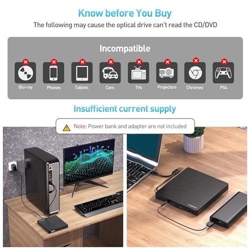 External CD DVD Drive for Laptop, USB 3.0 Type-C, Slim Portable Burner T70166