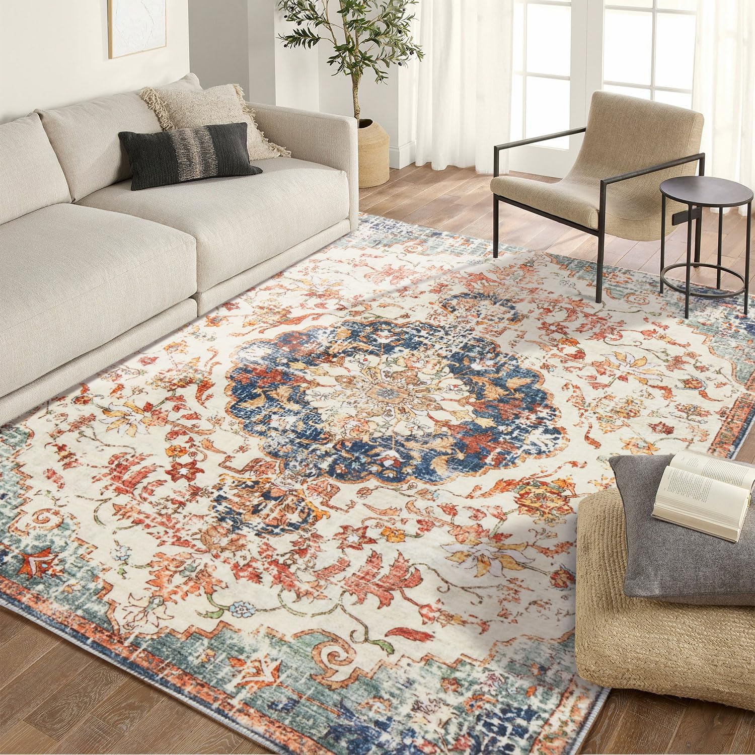 Large Washable Area Rug for Living Room 5x7, Boho Non Slip Low Pile Carpet C889
