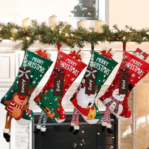 2023 New 4 Pack Christmas Stockings with Name Tags,18" Large Personalized Christmas Stocking Deer Santa Non-Woven Xmas Stocking,Fireplace Hanging Stockings Boots for Holiday Christmas Decor