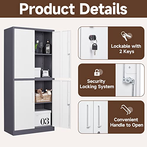Locking Metal Garage Cabinet 72" Tall, 2 Doors, 5 Shelves, Black Steel Storage B923