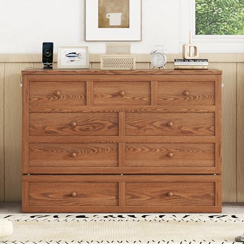 KEIKI Queen Size Murphy Bed with Charging Station and Drawer, Walnut B45816