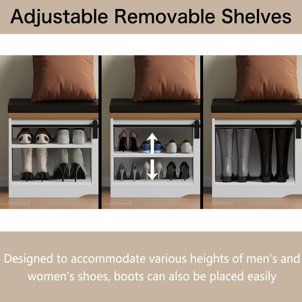 Farmhouse Shoe Storage Bench with Padded Seat and Barn Doors F4988