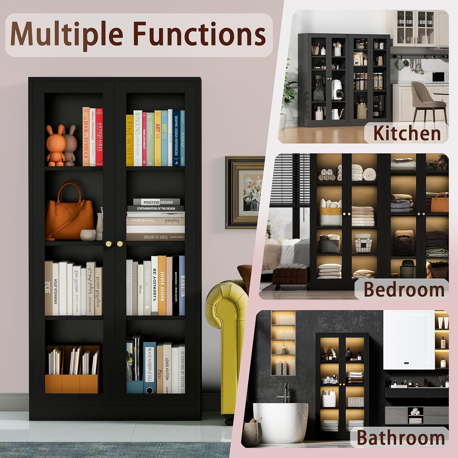 63'' Glass Display Cabinet with LED Light, 3 Shelves, Black J8537