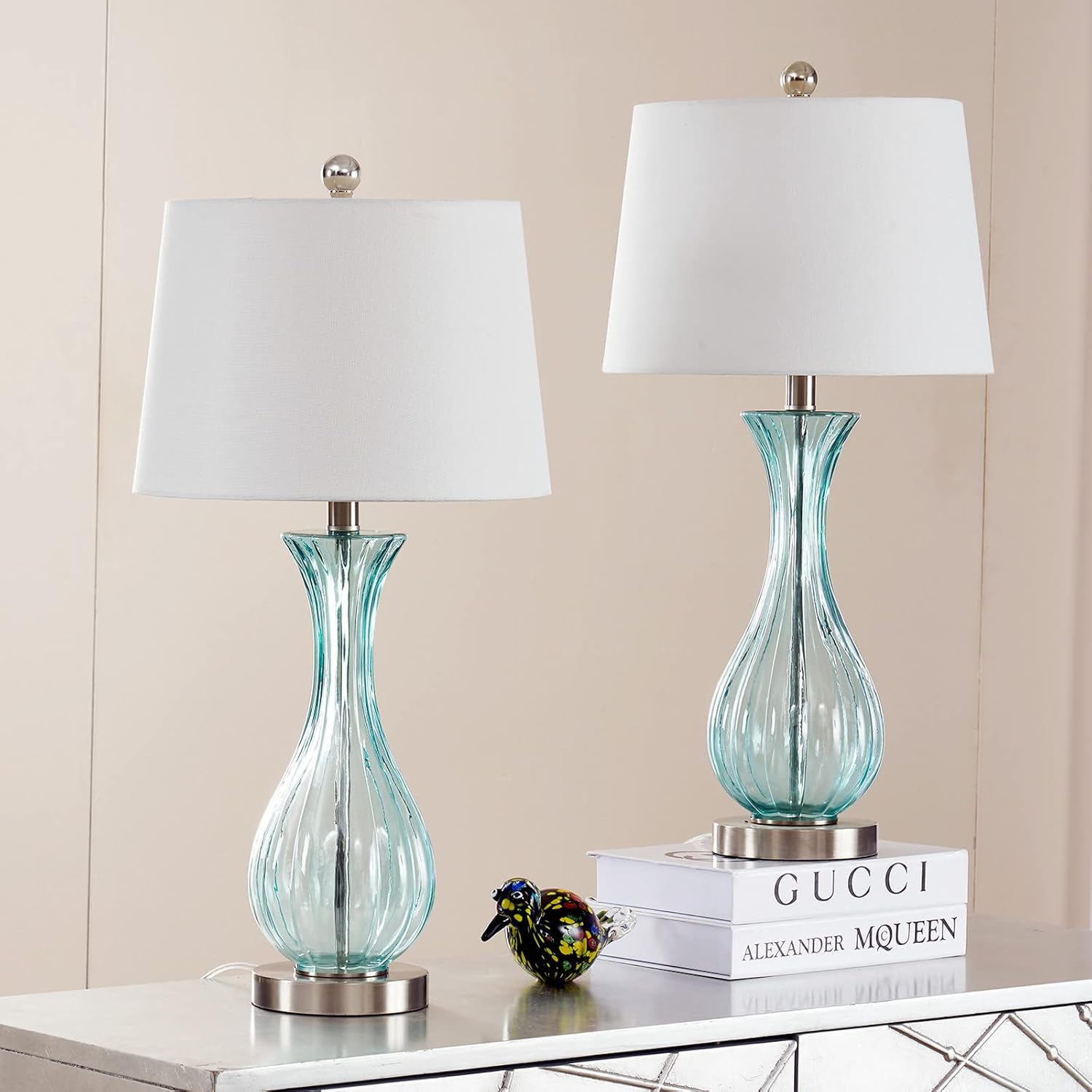 Maxax Coastal Glass Table Lamps Set of 2, Blue Bedside Lamps with White Shade H247715