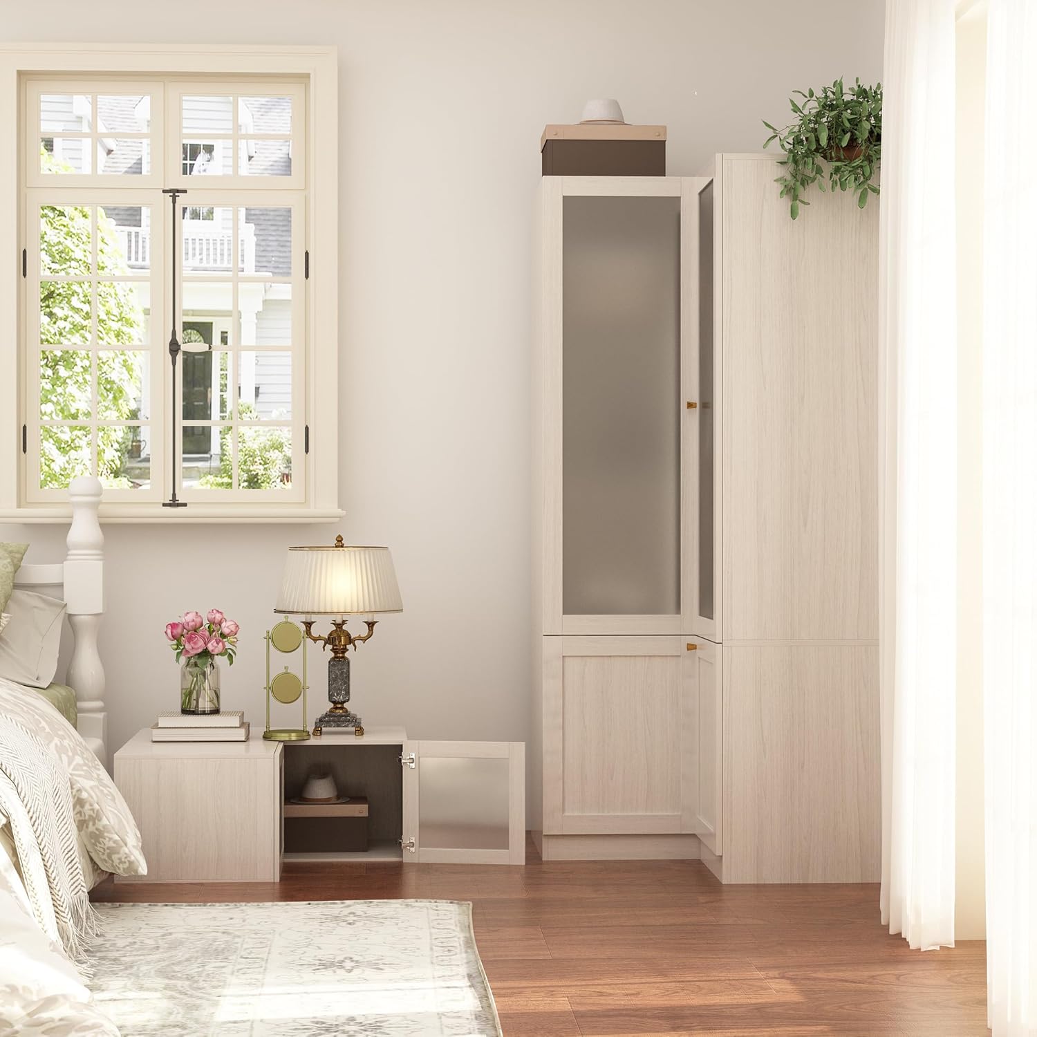 Homsee L-Shape Armoire Wardrobe with Frosted Glass Doors for Bedroom, Warm Grey C61970