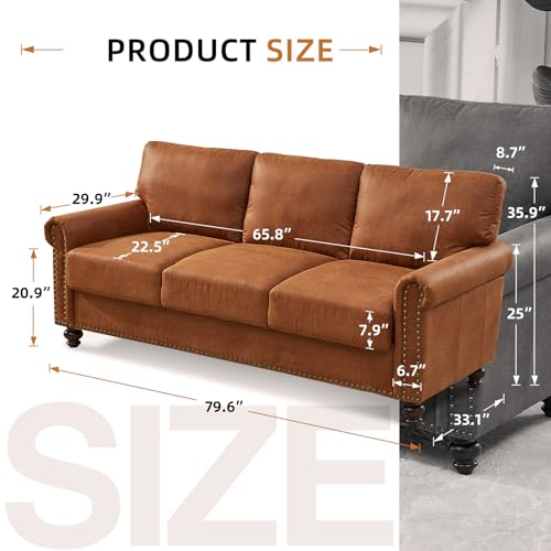 80" Mid Century Modern Sofa Couch with Storage, Rolled Arm, Nailhead Trim C663